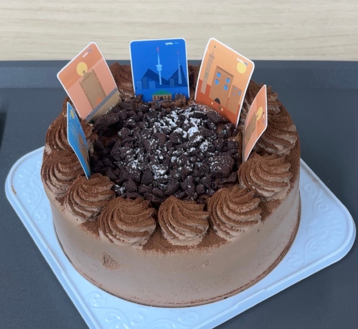 The RyokoLife beta launch cake, topped with destination cards